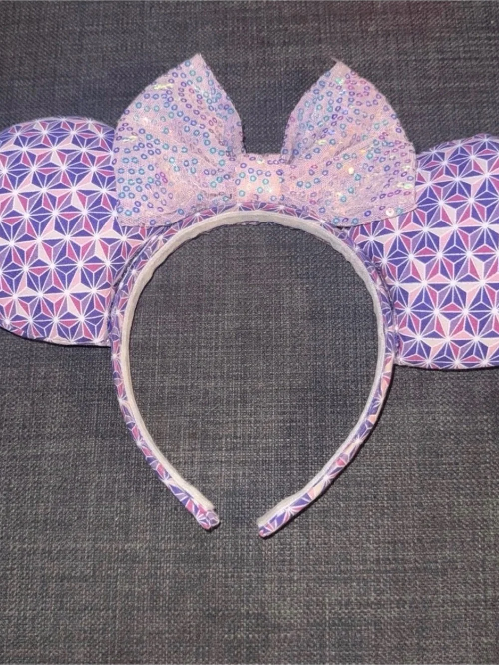Disney Purple Patterned Minnie Ears Headband with Pink Sequin Bow